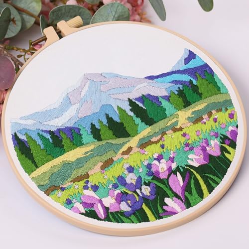 Harimau Adult Beginner Embroidery Starter Kit Natural Landscape Patterns, Complete Set with 4 Patterns, 2 Hoops, Needles, Scissors, Instruction Guide & Stitching Video Tutorials