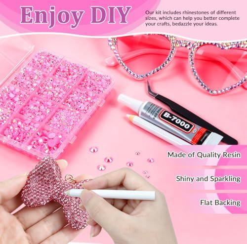 10000PCS Pink AB Rhinestones Bedazzling Gems 2/3/4/5/6MM Mix Sizes Resin Jelly Bedazzler Kit Flatback with Complete Tools for DIY, Nail, Art Craft for Girls Gift