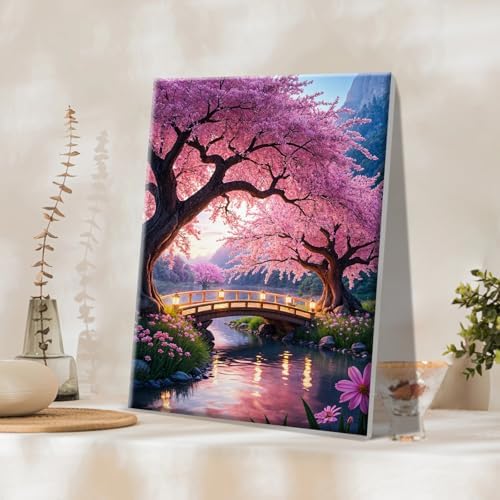 JOOZ Paint by Numbers Kit for Adults with Frame Sakura Paint by Number with Easel Tree Adult Paint by Number Kits Framed Canvas Mountain Waterfall Oil Painting Kits for Gift Home Wall Decor 8x12 Inch