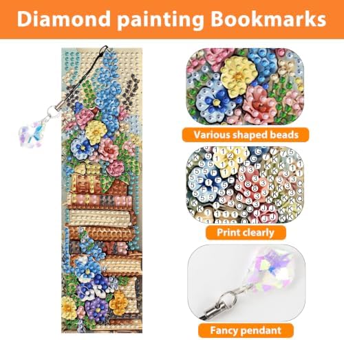 Mandun 4 Pcs Book Diamond Painting Bookmark Kits, Special Shaped Diamond Art Bookmarks with Pendant, DIY Flower Diamond Art Bookmarks with Tassels Crafts Gifts Supplies