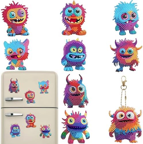 Bulerrylulu 9 Pcs Little Monster Diamond Painting Magnets Kits Fridge Magnet Stickers Diamond Art Painting Keychains Gem Painting kit for Beginners Adults DIY Art Craft Gifts Home Decors