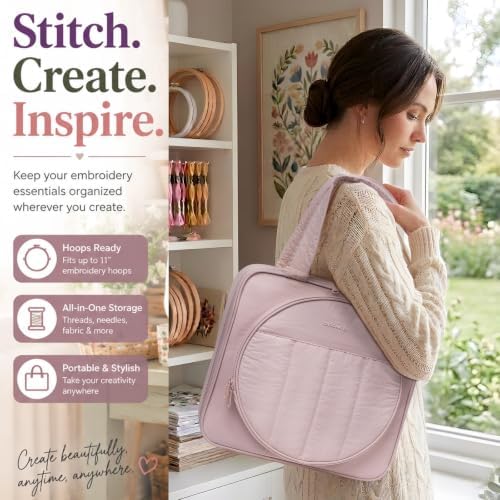 Puffy Embroidery Project Bag, Quilted Embroidery Floss Organizer for Hoops up to 11", Cross Stitch Project Storage Case for Needlepoint Project, Thread & Stitch Tools