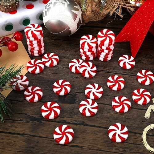 JUNEBRUSHS 1 Inch Candy Cane Christmas Decorations, 50 Pcs Plastic Fake Peppermint Candy Ornaments Red And White For Xmas Holiday Decor Party Favors Crafts