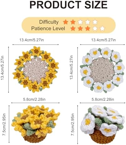 Crochet Kit for Beginners, Learn Crochet Flower Coaster Kit, Include Video Tutorial & Manual, Easy Knitting Yarn for Adult Amigurumi, DIY Holiday Birthday Gift Idea(Sunflower & Daisy)