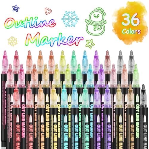 Double Line Super Squiggles Glitter & Metallic Markers, 36 Colors - Self Outline Pens for Doodle Art, Greeting Cards & Crafts