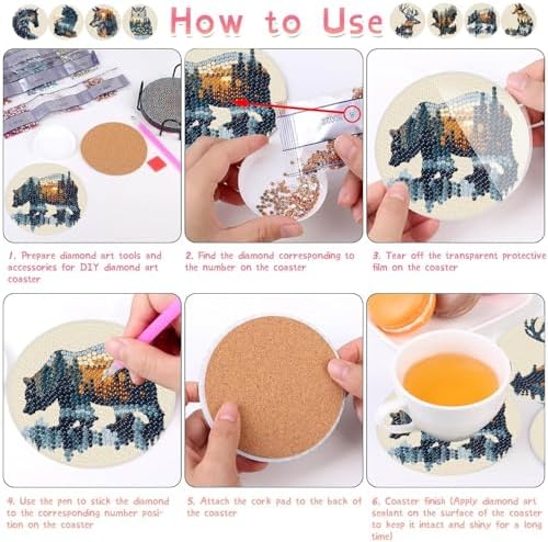 NEGEKFKX 8 Pcs Diamond Art Painting Coasters Kits,Animal Landscape Coaster with Holder for Adults, Non-Slip DIY Dot Paint Craft Kits,5D Full Drill DIY Diamond Dot Gem Art Kit Home Decor Arts Craft