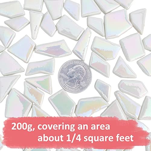 Youway Style Iridescent White Mosaic Tiles for Crafts Bulk,200g White Stained Glass Mosaic Supplies,Broken Glass Pieces for Garden Kit Crafts,DIY Mosaic Art