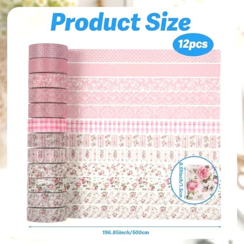 12 Rolls Floral Washi Tape Set, Pink Watercolor Flowers Design for for Journaling, Scrapbooking, DIY Craft, Planners, Gift Wrapping, Back to School Art Supplies