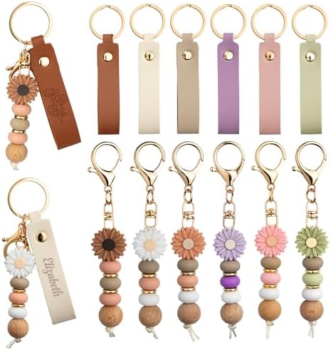 Starry 12/24PCS Daisy PU Leather Beadable Keychain Blanks Bulk Laser Engraving Blanks Keychain Kit Bag Purse Key Rings DIY