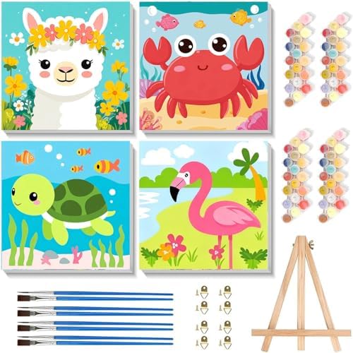 Gemozaic 4 Pack Paint by Numbers Kit for Kids Age 4-12 with Frame and Easel