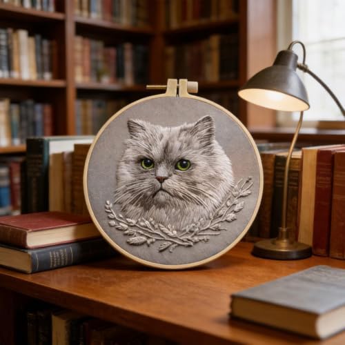 Grey Cat Embroidery Kit for Adults with Tools & Instruction