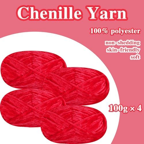 4 PCS 400g Soft Chenille Velvet Yarn for Crocheting,Fluffy Warm Yarn for Knitting and Crochet DIY Craft Blanket Bag Hat Scarve Clothe Gloves Slippers Doll (Red)
