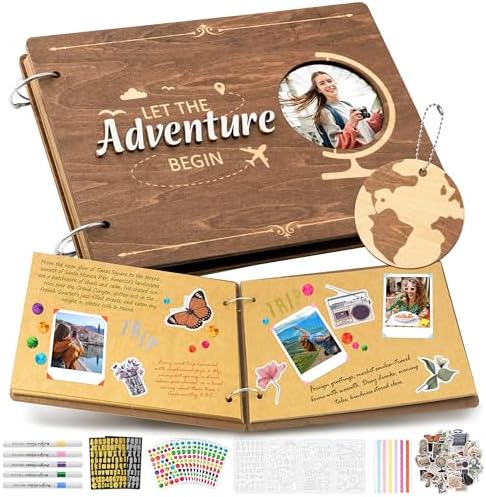 CY2SIDE Travel Photo Album Scrapbook - 111PCS Let The Adventure Begin Wooden Travel Scrapbook Craft Kit, Traveling Diary Photo Book DIY Handmade Souvenir Gifts for Adventure Lovers, Heartfelt Present