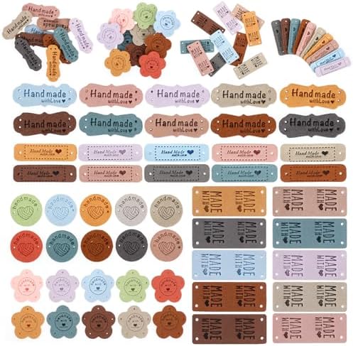 50pcs Handmade Tags for Crochet Handmade Leather Labels Faux Handmade with Love Leather Tags for Handmade Items Embellishment Knit Accessories with Hole for DIY Crafts Sewing Crochet Knitting Hats