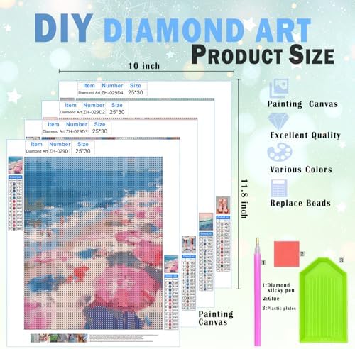 XUNLURY Pink Western Coastal Cowgirl Beach Diamond Art Kits 4 Pack 10x11.8 Inch,Coastal Cowgirl Granddaughter Room Decor,Preppy Ocean DIY Diamond Gem Painting Art Kits for Girls Kids Adults Beginners