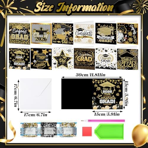 Saillong 12 Pack 2026 Graduation Diamond Painting Greeting Card Kits Class of 2026 Grad Diamond Art Cards with Envelope 5D Rhinestones Painting Making Kit for Adult DIY Craft High School Graduate Gift