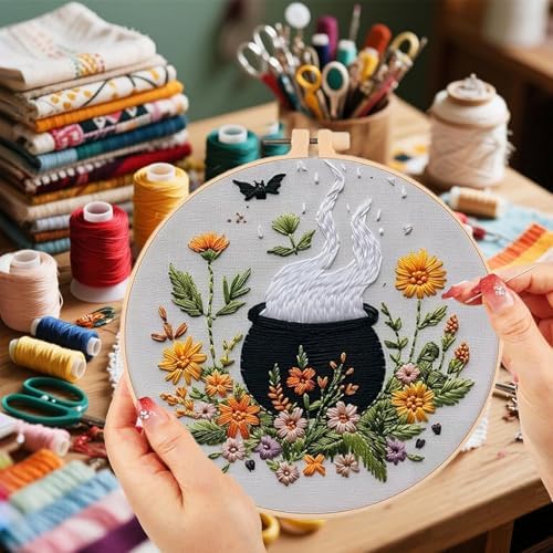 Floral Witch Hat Embroidery Kit Halloween Cross Stitch Material Set with Bat Skull Flower Pumpkin Patterns, DIY Hand Needlepoint Embroidery Craft Kit for Beginners Professional (Floral Cauldron B)