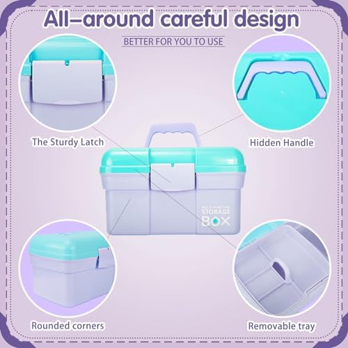 TERGOO 11in Mutipurpose Storage Box Organizer with Removable Tray, Portable Small Craft Organizer with Handle, Plastic Clear Tool Box Art Case for Makeup, Sewing, Nail, Hair Accessories (Purple Blue)
