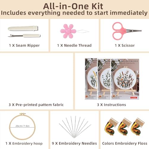 Herdiese Embroidery Kit for Beginners & Adults, 3PCS Floral Patterns.