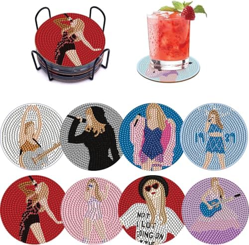8 PCS Singer Diamond Art Coasters Kits, Pop Star Diamond Painting Coasters with Holder Set of 8, DIY Drink Coasters Art Crafts Supplies for Adults Cup Mat for Home Decor House Warming Gifts Non-Slip