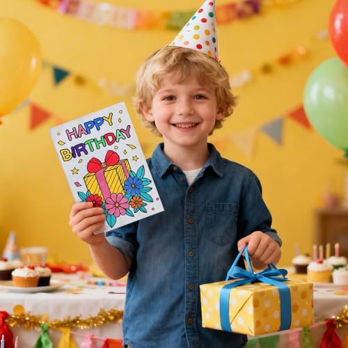 Birthday Coloring Cards, 24 Unique Blank Greeting Card Set with Cakes, Flowers & Gifts, DIY Art Craft for Kids, Adults, Holiday Gift Ideas for Mom, Friends, Thank You & Greeting Card Collection