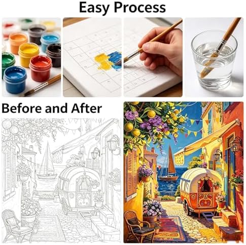 Paint by Numbers Kit for Adults - Mediterranean Coastal Town, DIY Paint by Number, Oil Painting Style Canvas Art, Paint by Numbers for Adults for Wall Decoration & Relaxation