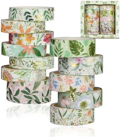 Washi Tape Set, Floral Washi Stickers, 12 Rolls Assorted Sizes, for Junk Journal Scrapbook Tape, Bullet Journaling Scrapbooking Supplies, Planner Sticker DIY Craft DéCor (Green)