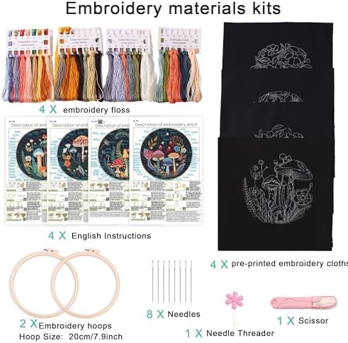 Harimau Adult Beginner Embroidery Starter Kit, Complete Set with 4 Patterns, 2 Hoops, Needles, Scissors, Instruction Guide & Stitching Video Tutorials