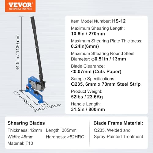 VEVOR Hand Plate Shear 12",Manual Metal Cutter Cutting Thickness1/4 Inch Max,Metal Steel Frame Snip Machine Benchtop 1/2 Inch Rod,for Shear Carbon Steel Plates and Bars