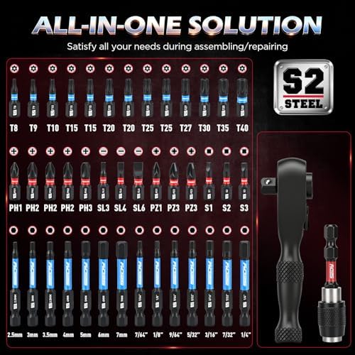 59-Piece Magnetic Nut Driver Bit Set, SAE and Metric Nut Drivers with Screwdriver Bits, Ratchet Wrench, Quick-Change Bit Holder and Storage Case for Automotive Repair, Home Repair and DIY Projects