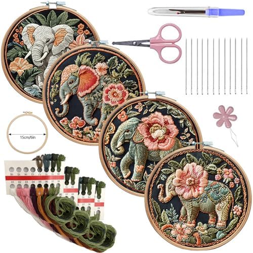 SCECALA 4 Pack Elephant Floral Embroidery Kit for Beginners