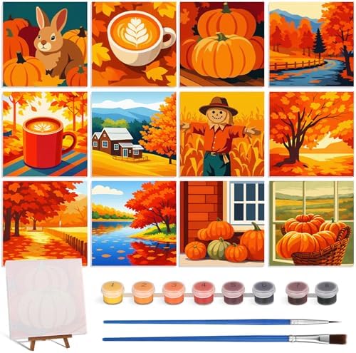 Nezyo 12 Pack Fall Paint by Numbers Kit for Adults Beginner 8x8 Inch | Autumn Pumpkin Maple Leaf Paint by Number Kits Frame Canvas, DIY Acrylic Easy Painting by Numbers for Home Wall Decor Party
