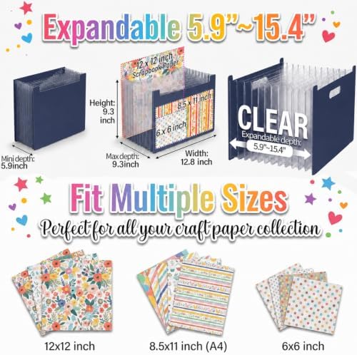 12x12 Scrapbook Paper Storage Organizer, Expandable 13 Pocket Desktop Paper Organizer Storage for Scrapbook Essentials, Large Scrapbook Storage for Photos, Washi Tape, Sticker (Dark Blue)