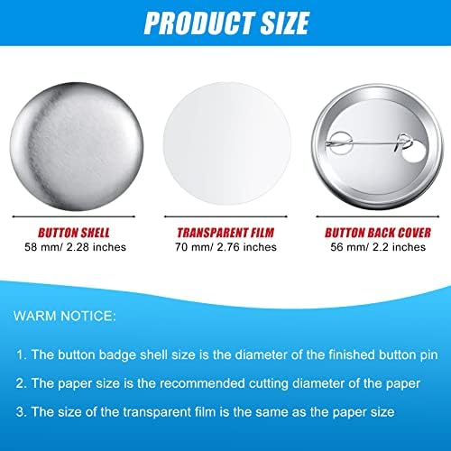 300 Pieces Blank Button Making Supplies Round Badge Parts Metal Pin Badge Kit for Button Maker Machine, Including Metal Shells Back Cover and Clear Film(2.28 Inch,Silver)