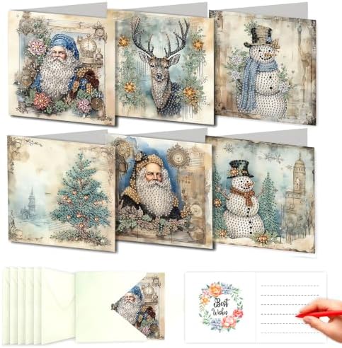 LSQFS Diamond Art Retro Christmas Card Set with Matching Envelopes,6 Pieces