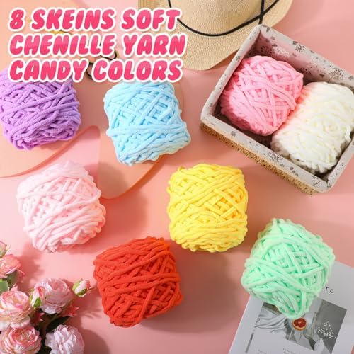Buryeah 8 Pack Chunky Chenille Yarn for Crocheting, Candy Colors
