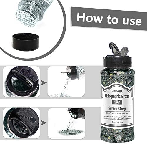 HEMOER Silver Grey Glitter, 100g/3.5oz Holographic Chunky Glitter Mixed Hexagon Chunky & Fine Flakes Iridescent Sequins for Epoxy Crafts, Resin, Nail Body, Tumblers, Festival Party