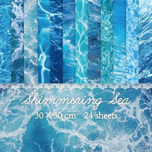 12in Blue Waves Scrapbook Paper Pad - 24 Sheets Double Side Sea Patterns Designed Aesthetic Collage Material for Junk Journal Folded Card Making DIY Crafts Gift Wrapping Supplies
