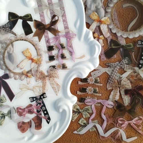 160PCS Cute Stickers, Vintage Ribbon Lace Knitting Bear Scrapbook Sticker Bow Home Decorative Decals for Scrapbooking Journaling Supplies Junk Journal Planners Crafts Gift for Adults Teen