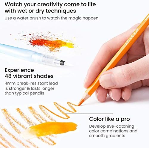 ARTEZA Watercolor Pencils, Set of 48, Water-Soluble Pencils for Drawing