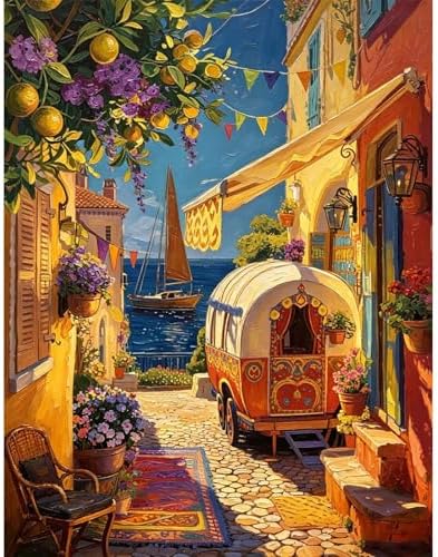 Paint by Numbers Kit for Adults - Mediterranean Coastal Town, DIY Paint by Number, Oil Painting Style Canvas Art, Paint by Numbers for Adults for Wall Decoration & Relaxation