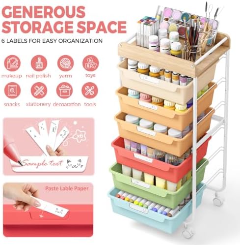 SYKIARIOL Rolling Cart with 6 Drawers,Craft Organizer and Storage,Rainbow