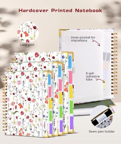 Hardcover Spiral Notebook Journal with Removable Dividers Tabs, 300 Pages 5 Subject Notebook College Ruled, 8"x10" Large Notebooks for Work School Note taking, Journal for Women, Flower White