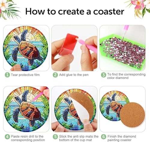 Diamond Art Coasters Kit, 8 Pieces Sea Turtle Diamond Painting Coasters Kit