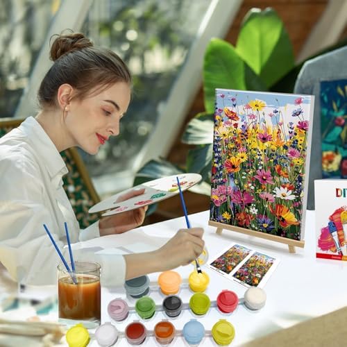 HeeBenor Framed Paint by Numbers Kit for Adults, Flowers Paint by Number with Easel, DIY Floral Acrylic Oil Painting Kit, Adult Paint by Number Kits Framed Canvas for Home Decor 8x12 Inch