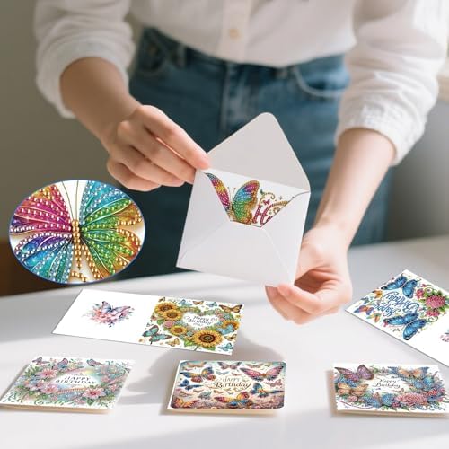 6 Pack Diamond Art Greeting Cards with Envelopes, DIY 5D Diamond Painting Birthday Card Kit with Butterflies and Flowers, 30x15cm Handmade Special Shaped Rhinestone Craft for Holiday and Birthday