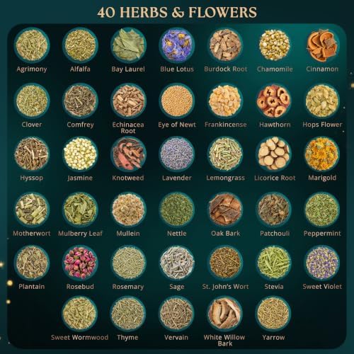 Wyspell 40 Pcs Dried Herbs and Flowers for Witchcraft, Candle & Soap Making | Premium Botanical Collection, Huge Variety, Beautiful Gift Box, Labeled Golden Bags, Bonus Parchment, Spoon & Guide