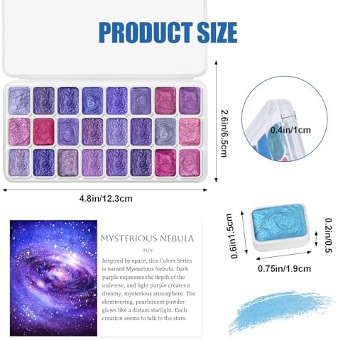 CraftyManor Mini Glitter Watercolor Paint Set with Paper, 24 Colors Shimmer Metallic Watercolour Painting Sets, Solid Pearl Water Color Paints for Adult, Purple 1ml Trial Pack(Mysterious Nebula)