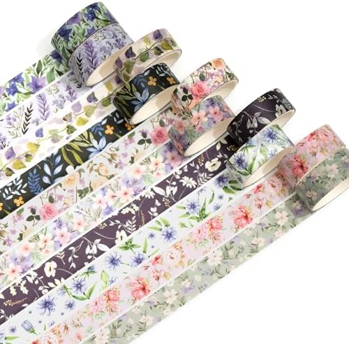 10 Rolls Blooming Flowers Washi Tape Set Floral Arts Adhesive Tapes Colorful Garden Decorative Masking Tape Sets for Craft, Kids, Scrapbook, DIY, Gift Wrapping (4-Purple)