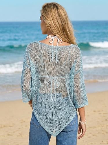 MAKABO Women's Off Shoulder Mesh Knit Cover Up Summer Beach Asymmetrical Vacation Bolero
